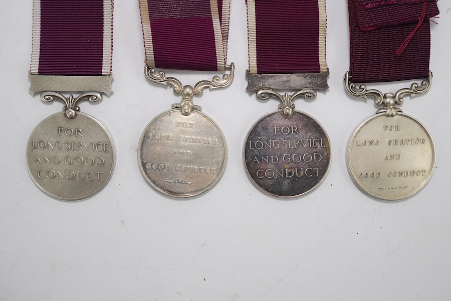 Four Army Long Service and Good Conduct medals; Vict to 21579 Gunr A.Milln. R.A.; GV to 1404425 B.Q.M.Sjt. W.A.Price R.A.; GVI Regular Army to 1057526 Sjt.T.Jones. R.A.; ERII Regular Army to 21133135 Sgt.Khagesor Thapa 2